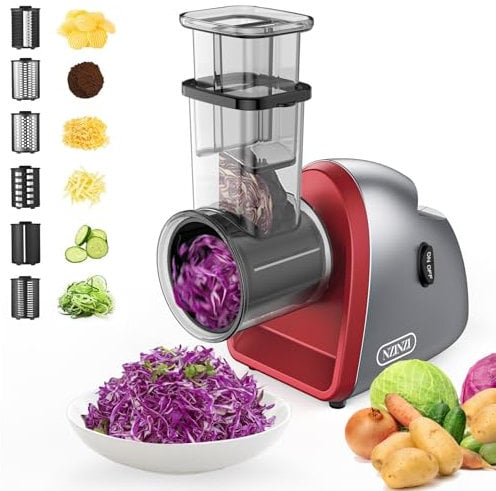 Electric Cheese Grater with 6 Different Blade Shapes for Home Kitchen Use, 250W Electric Cheese Slicer for Vegetables, Fruits, Cheeses, Grey