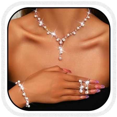 Unicra Pearl - Set di gioielli da sposa in argento con strass, collana e orecchini da sposa, misura unica, Lega di acciaio, Nessuna pietra preziosa
