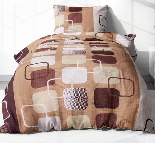 Heubergshop 2-teilige Seersucker Bettwäsche 155x220cm und 80x80cm - Kariert Karo Braun - Bettgarnitur aus 100% Baumwolle, bügelfrei (EW-396/5)