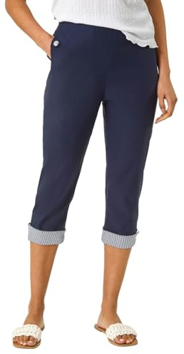 Roman Originals Contrast Stripe Cropped Stretch Trouser for Women UK - Ladies Everyday Holiday Spring Summer Comfy Soft Evening Vacation Work Party - Navy - Size 10