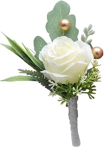1 x Rosen-Boutonniere für Herren, Hochzeit, Bräutigam, Trauzeugen, künstliche weiße Rosen mit Stecknadeln für Hochzeit, Jahrestag, Feier, Abschlussball, Party, Heimdekoration, künstliche Blumen