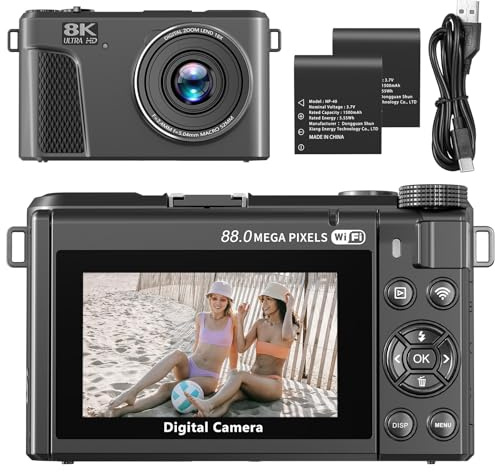 Appareil photo numérique 8K pour photographie, caméra de vlogging WiFi 88 MP pour YouTube avec zoom numérique 18x et écran rabattable de 3 à 180°, caméras autofocus Vlog avec capuchon d'objectif