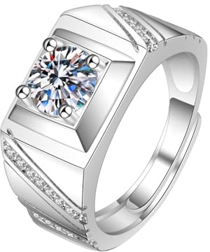 Mesnt Ring Weißgold Herren, 18 Karat Weißgold Ring für Herren Siegelring mit im Labor hergestelltem Diamanten, Größe 57 (18.1)