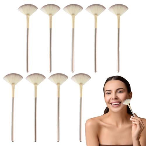 10 Pack Fan Makeup Brushes, Soft Facial Fan Applicator Brushes for Face Masks, Loose Powder & Makeup, Dense Bristles for Even Application, Champagne Gold
