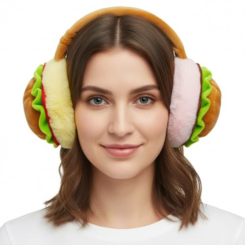 Comebachome Cache-oreilles pour femmes, cache-oreilles en fourrure en forme de hamburger drôle, casque d'extérieur thermique d'hiver pliable pour voyage, ski, patinage, cyclisme, Zuhause Gebrauch