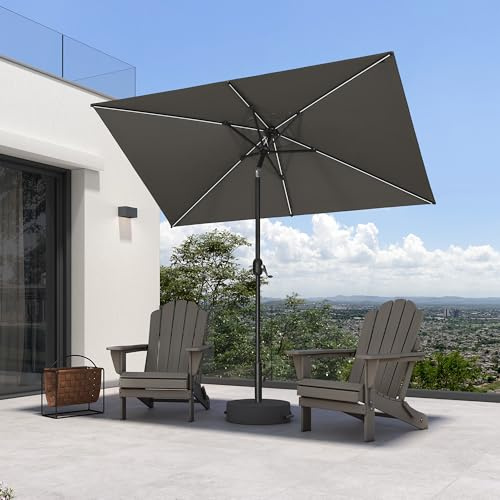 PURPLE LEAF Sonnenschirm 150 × 250 cm LED mit Sandsack 30° Neigbar, Grau | 6 Solar-LED-Schirmstreben, Kurbel für schnelles Öffnen, 30° Neigung, Gartenschirm Robuster Mast, 180g/m² Polyester UV-Schutz