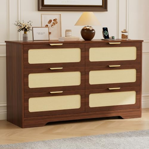 BonVache Kommode mit 6 Schubladen, Rattan Design und Steckdose, Moderner Holz Schubladenschrank mit großer Kapazität, ideal für Wohnzimmer, Schlafzimmer, Flur, 120 x 40 x 72 cm, Braun