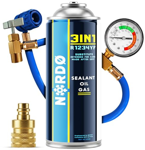 Nordo - 3in1 R1234yf Klimaanlage Nachfüllset – 1 x 3in1 Gas mit Füllschlauch und YF Adapter – Auto Klimaanlage Nachfüllen – 235 g