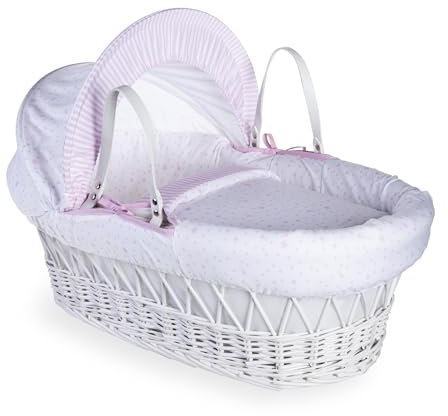Clair de Lune Couffin en osier blanc avec literie, matelas et capuche réglable Motif étoiles et rayures Rose