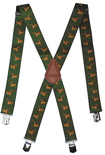 JACK PYKE Elasticated Braces for Men, 4 Strong Clips, Cross-Back Leather Trim, Adjustable 70-115cm, 35mm Wide Suspenders for Hunting, Shooting, Fishing, Field Sports