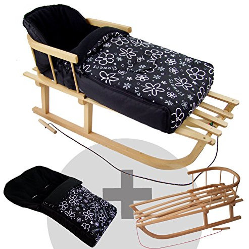 Rawstyle *Kombi-Paket* Holz-Schlitten mit Rückenlehne & Zugseil + universaler Winterfußsack (108cm) Fleece, auch geeignet für Babyschale, Kinderwagen, Buggy (Flowers Schwarz)