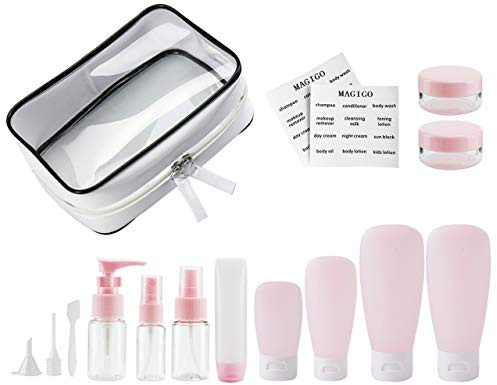 MAGIGO Pink Toiletries Leak Proof Travel Bottle Set (16 Pack), TSA Approved Airline Carry-On with Clear Bags for Women
