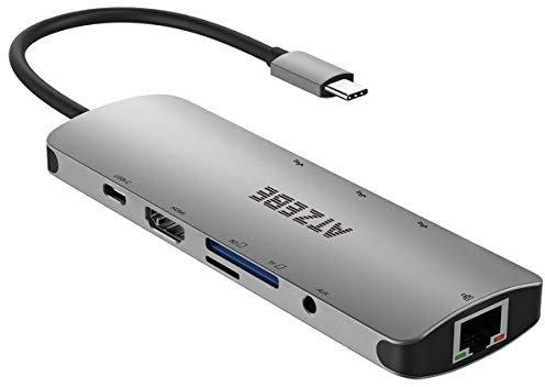 ATZEBE Hub USB C, Adaptador USB Tipo C 3.1 con Ethernet Rj45 Puertos, HDMI 4K, 3 USB 3.0, Carga PD Tipo C, 3.5mm Audio, Lector de Tarjetas SD/TF - Gris