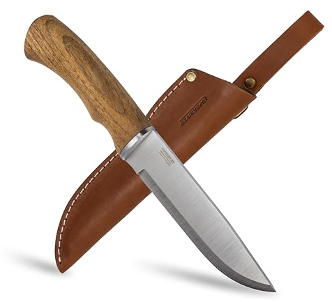BPS Knives BK06 Coltello da Campo con Custodia in Pelle - Grande Coltello da Esterno a Lama Fissa in Acciaio Inossidabile - Coltello da Campeggio con Griglia Scandi e Custodia
