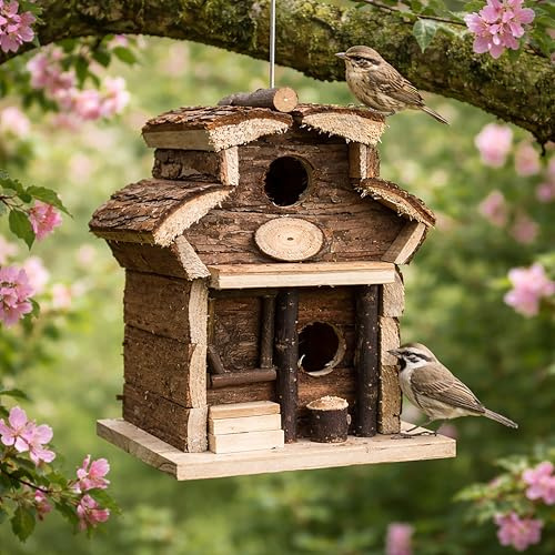 GardenMile Wooden Nesting Bird Box Outdoor Robin Nest Durable Natural Wood Design Hanging Freestanding Birdhouse Wild Animal House Garden Decor Accessories (Wooden Bird Hotel)