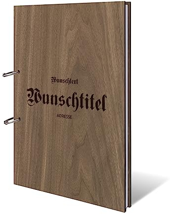 Ferienwohnung Gästebuch Nussbaum Holzcover mit individueller Gravur inkl. 72 Naturpapier Blätter DIN A4 hoch 215 x 302 mm - Altdeutsch