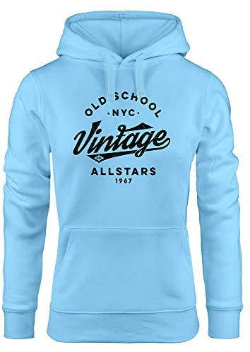 Neverless® Hoodie Damen College Style Schriftzug Oldschool Vintage Allstars Kapuzen-Pullover Fashion Streetstyle schwarz hellblau XS