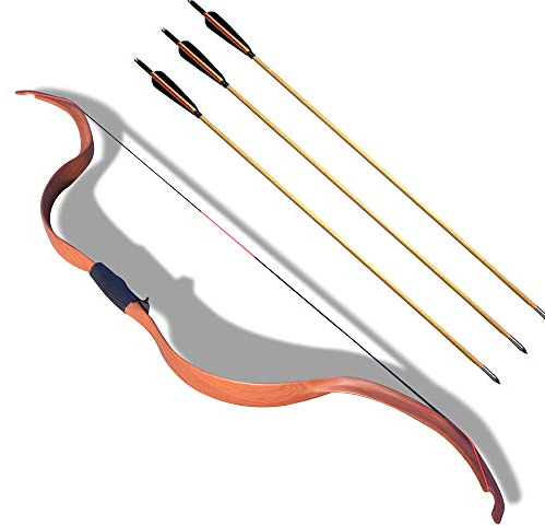 MILAEM Traditionelle handgemachte Recurve Bogen 20lbs Langbogen Bogenschießen Jagd Reiterbogen Jagdbogen Outdoor Sport Wettbewerb Trainingsspiel (Braun+ 3pcs Holzpfeil, 20lbs)