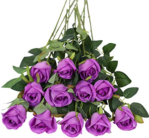 Tifuly Artificial Flowers,12 Pcs Single Long Stem Fake Rose Silk Flowers Faux Rose Bridal Bouquet Realistic Flower for Wedding Party Home Table Decoration Centerpieces(Bud Roses,Purple)