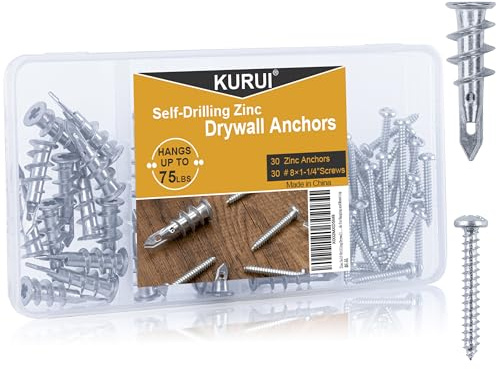 KURUI #8 Zinc Self-Drilling Drywall Anchors, 60PCs Hollow Metal Wall Anchors and Screws Kit, 30 Heavy Duty Anchors + 30#8 x 1-1/4'' Screws, 75LB Hanging and Mounting