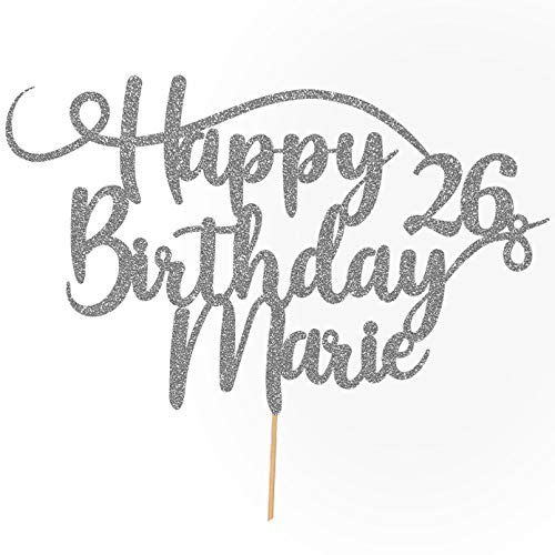 Cakeshop Personalisierte Happy Birthday Glitzer Kuchen Deko Angepasste Farbe jeder Name & jedes Alter Kuchen Dekoration für Geburtstag Party (Dunkles Silber)
