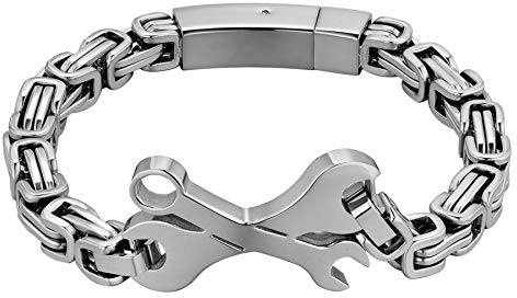 Flongo Herren-Armband Männer Armband Königskette Herrenkette Mechaniker Schraubenschlüssel Fahrradkette Motorradfahrer Biker Herren-Accessoires Silber