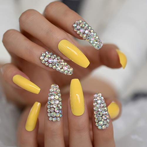 URTJSDG False Nails Bright Neon Orange Press On False Nails 3D Diamond Extra Long Coffin Ballerina Fingersnails