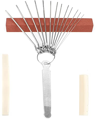 Iyowei 2 Pezzi Ponte per Chitarra in Osso, con 13 Taglie di Aghi di Macinazione in Acciaio Inossidabile+ 1 Pietra per Affilare Accessori per Capotasto per Chitarra Acustica Elettrica Ukulele Basso