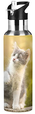 Vnurnrn Mignon Animal Chat Chaton Papillon Bouteille d'eau Isotherme avec Paille en Acier Inoxydable Gourde 600ML, Sans Bpa Gourdes Eau pour Enfant Sport Randonnée École Bureau