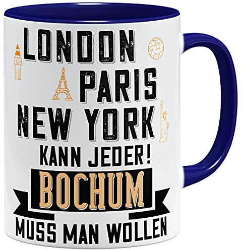 OM3® Bochum Tasse mit Stadtnamen Städtetasse | Keramik Becher | 11oz 325ml | Beidseitig Bedruckt | Dunkelblau