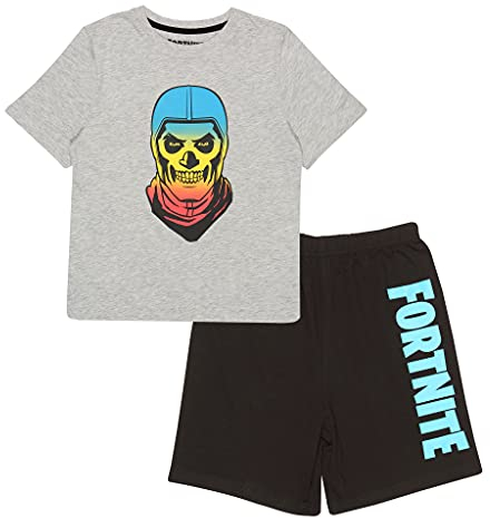 Fortnite Gradient Schädel Jungen Short Pyjama Set Schwarz/Weiß Heather Grey 140 | PS4 PS5 Xbox Gamer Geschenke, Schule Jungen PJs, Kinderkleidung, Kindergeburtstags-Geschenk-Idee