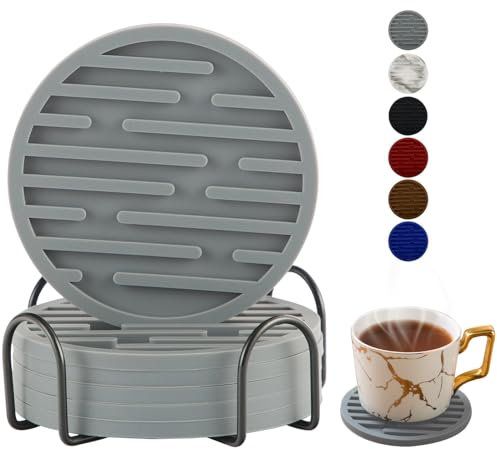 Amoowis Silikon-Untersetzer für Getränke, 6er-Set mit Halter, Untersetzer für Holztisch, 10,2 cm, passend für alle Tassen, tolles Geschenk für Geburtstag, Einweihung, Bar, Party, Grau