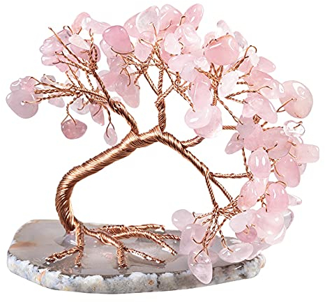KYEYGWO Rosenquarz Heilung Edelstein Baum mit Achat Scheiben Base, Kristall Geldbaum Feng Shui Bonsai Baum Figuren Ornament, Kristallbaum Haus Decor für Glück und Gesundheit, 7,6-10,2 cm Hoch