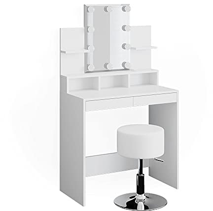 Vicco Schminktisch Ania, Kosmetiktisch mit Spiegel, Weiß, 80 cm mit LED Beleuchtung und Hocker