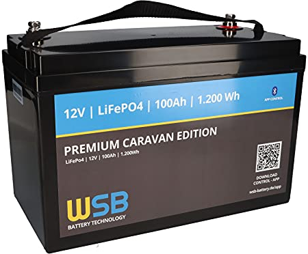 WSB LiFePO4 Akku 12,8V 100Ah Caravan Edition inkl. Bluetooth BMS Versorgungsbatterie für Solaranlage, Wohnmobil, Boot, Haushalt, Solarpanel Kit und Camping