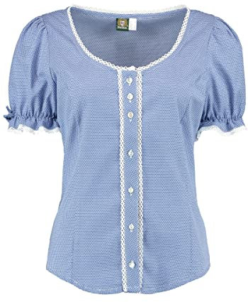 OS Trachten Damen Bluse Kurzarm Trachtenbluse mit Rundhalsausschnitt Mikun, Größe:34, Farbe:Mittelblau