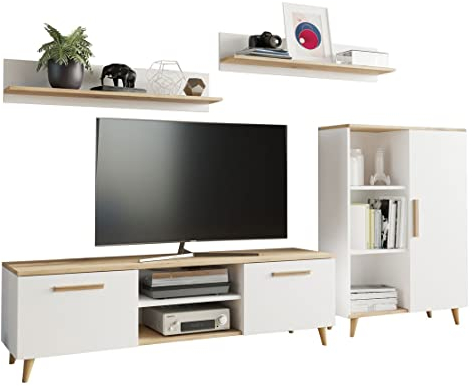 MATKAM Wohnzimmermöbel-Set Oslo, 4-teilig, 1 x TV-Kommode H47x B150 x T40 cm, 1 x Wohnzimmerkommode H112 x B80 x T30cm, 2 x Hängeregale H20 x B100 x T20 cm (Weiß-Artisan Eiche)