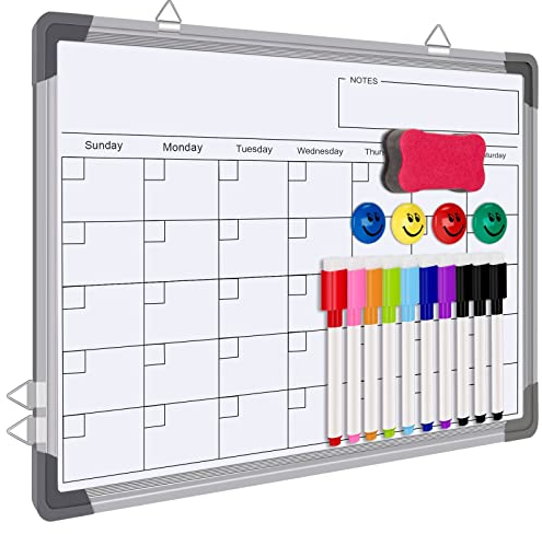 FINEW Whiteboard Magnetisch 40 x 30cm, Pinnwand Magnettafel, Hängende doppelseitige Whiteboards mit Alurahmen inklusive 10 Whiteboard Stifte, 1 Whiteboard Schwamm, 4 Whiteboard Magnete, Schulsachen