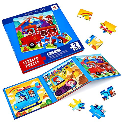 BBLIKE Puzzles Toys for 3 4 5 Year Olds - Magnetic Jigsaws 48 Pcs for Kids Age 2-6,Travel Games for Toddlers on Plane Educational Learning Birthday Gift Present for Children Boys (Transportation)