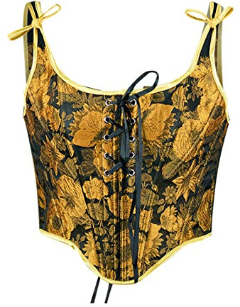 AMhomely Women Vintage Floral Renaissance Corset, Flower Pattern Lace up Boned Bustier, Drawstring Tie-up Suspender Corsets, 06 Yellow, M