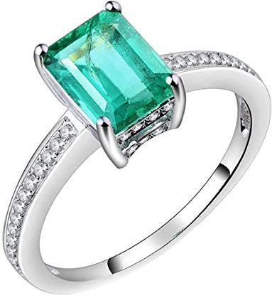 Homxi Damenring Verlobungsring,750 Weißgold Ring Damen 4 Zinken Rechteck 1.25ct Smaragd mit 0.2ct Diamant Ringe Verlobungsringe Silber Grün Größen 49 (15.6)
