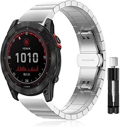 LanQii 26mm QuickFit Metall Armband für Garmin Tactix 8 51mm/Enduro 3/2/1/Descent Mk3i/Mk2i/Mk2/Mk1, Edelstahl Ersatzarmband für Garmin Fenix 8 51mm/7X Pro Solar/7X/6X/6X Pro/5X/5X Puls - Silber