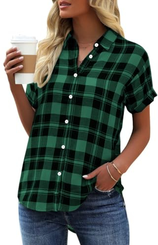 GeGekoko Damen Kariert Bluse Kurzarm Oberteile Casual Lose V-Ausschnitt Hemdbluse zum Knöpfen Summer Tunika T-Shirt Tops