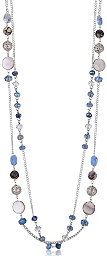 FULU AUTUMN Damen Statement Kette Lange Perlenkette Silber Chain Zwei Strang Modeschmuck Halskette Geburtstagsgeschenk(Blue)