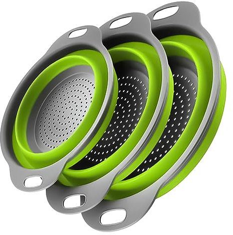 ONFAMICO Set di 3 colini pieghevoli, resistenti al calore, per lavare e scolare verdure, frutta, pasta, perfetti per cucina e uso in viaggio (3 pezzi, verde)