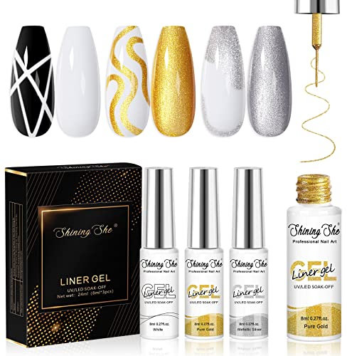 Shining She Gel Nail Polish Liner, 3 Colors Gold Sliver White Nail Art Line Gel Soak-Off UV/LED Painted Gel Nail Polish for French Tip Manicure DIY Nail Art, 8ML