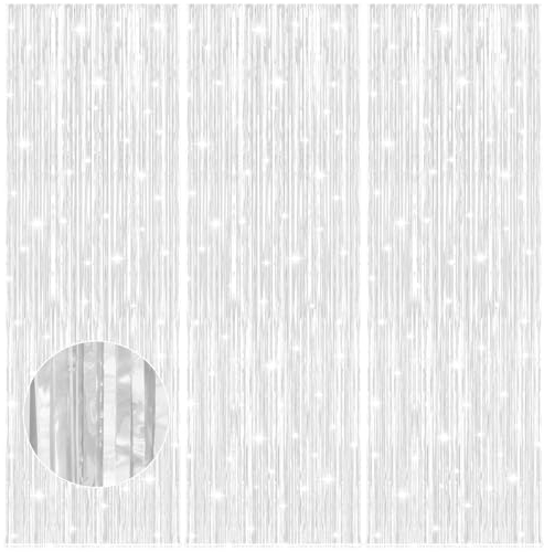 Accevo Lametta Vorhang Weiß Luftschlangen 1x2.5M 3 Stück Weihnachtsdeko Party Vorhang Weiß Fotowand Hintergrund für Deko Hochzeit Verlobung Brautdusche Geburtstag Party Deko Hochzeit Deko.