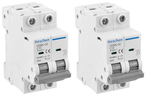 Heschen Lot de 2 disjoncteurs miniatures DC HSB6C-DC, 2 pôles, DC500V 10A, Disjoncteur de puissance photovoltaïque, pour système photovoltaïque solaire, panneaux solaires, système de treillis (10A)