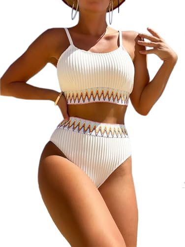 HUXRAKV Ensembles Maillots Deux pièces pour Femmes Rembourré avec Bretelles Spaghetti Imprimées Push-up Maillot de Bain de Plage Taille Haute Triangle Bikini Set Swimwear,A-Blanc,S