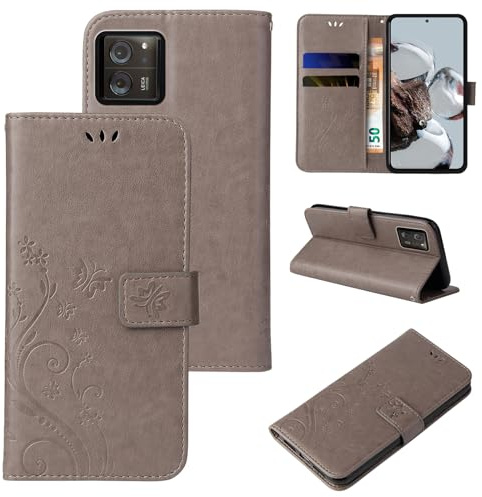LBH Handy Hülle für Xiaomi 13T / 13T Pro Case Handytasche Schmetterling Blumen Flower Standfunktion Schutzhülle Magnet Rundum Schutz 360 Grad Flipcase Cover Grau